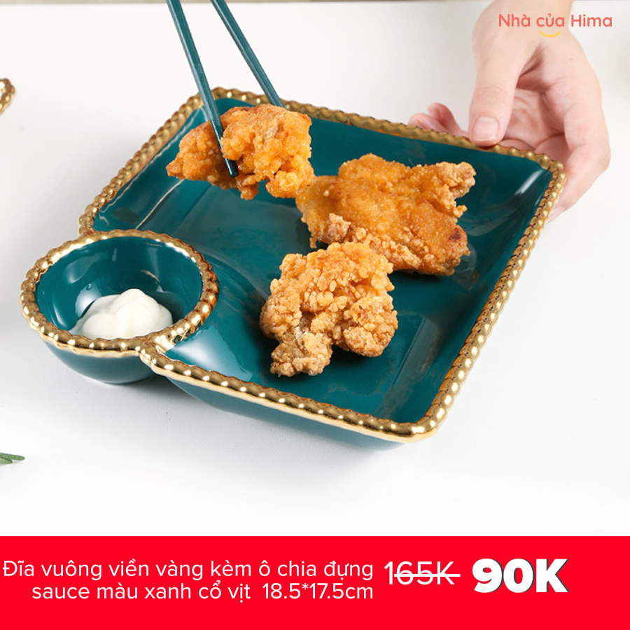 Đĩa vuông viền vàng kèm ô chia đựng sauce màu xanh cổ vịt