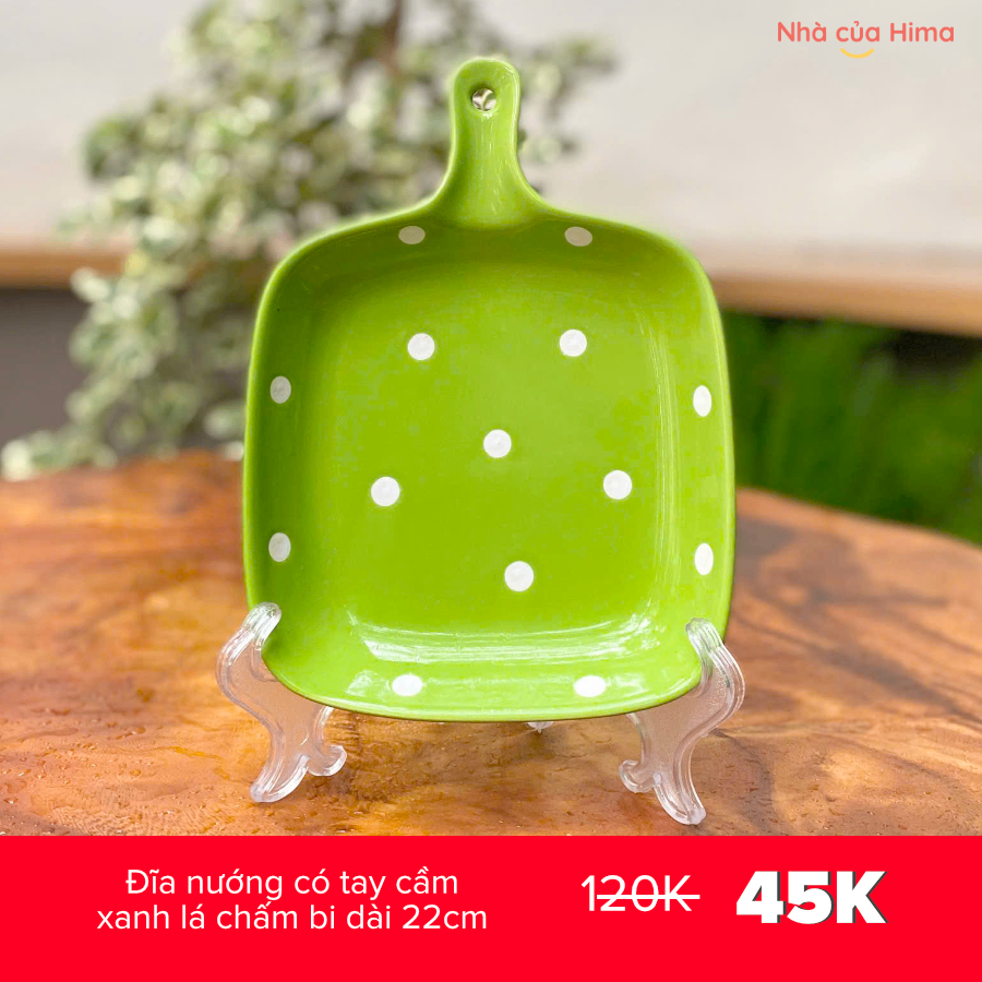 Đĩa nướng có tay cầm xanh lá chấm bi dài 22cm