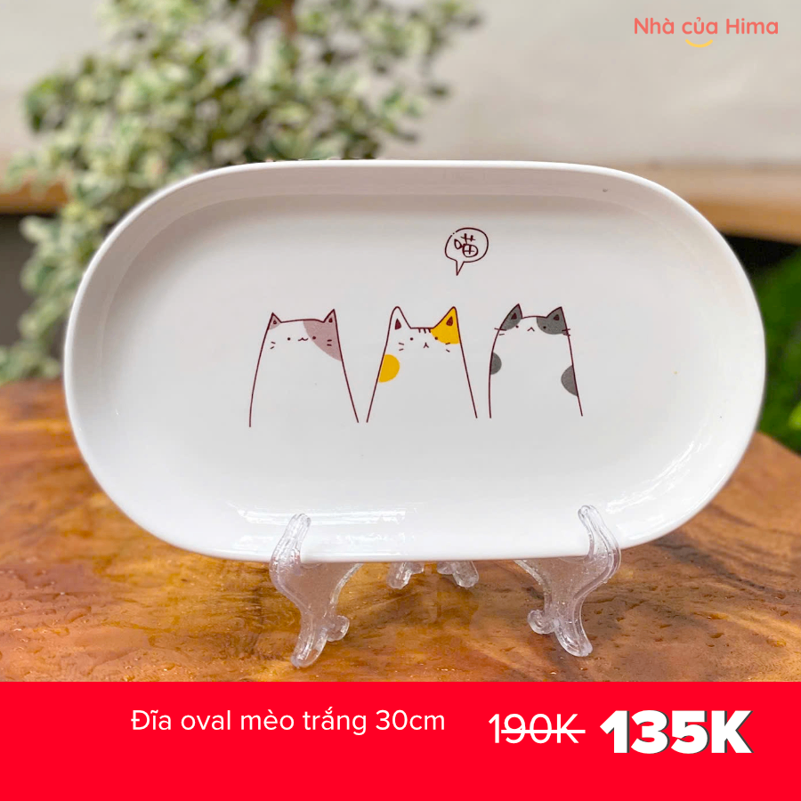 Đĩa oval mèo trắng 30cm