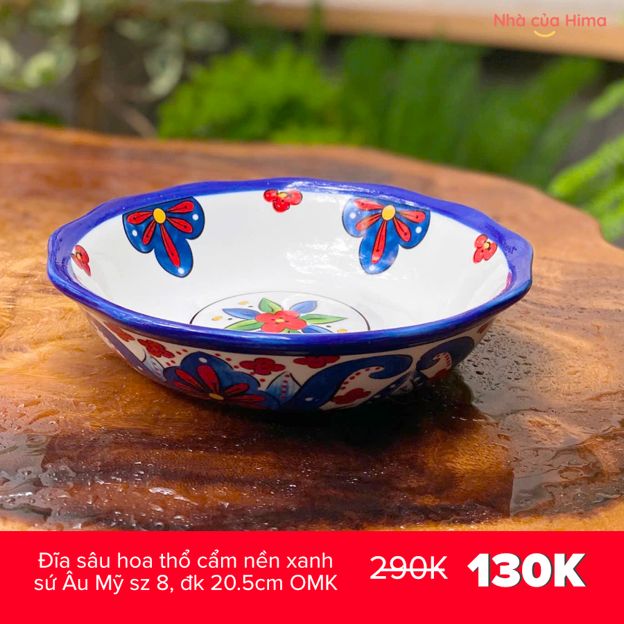 Đĩa sâu hoa thổ cẩm nền xanh sz 8, đk 20.5cm OMK