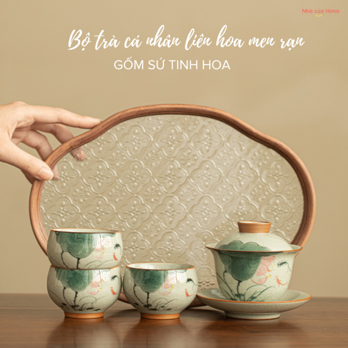 Bộ ấm trà liên hoa men rạn (1 chén khải kèm đĩa + 3 chén + khay kính)