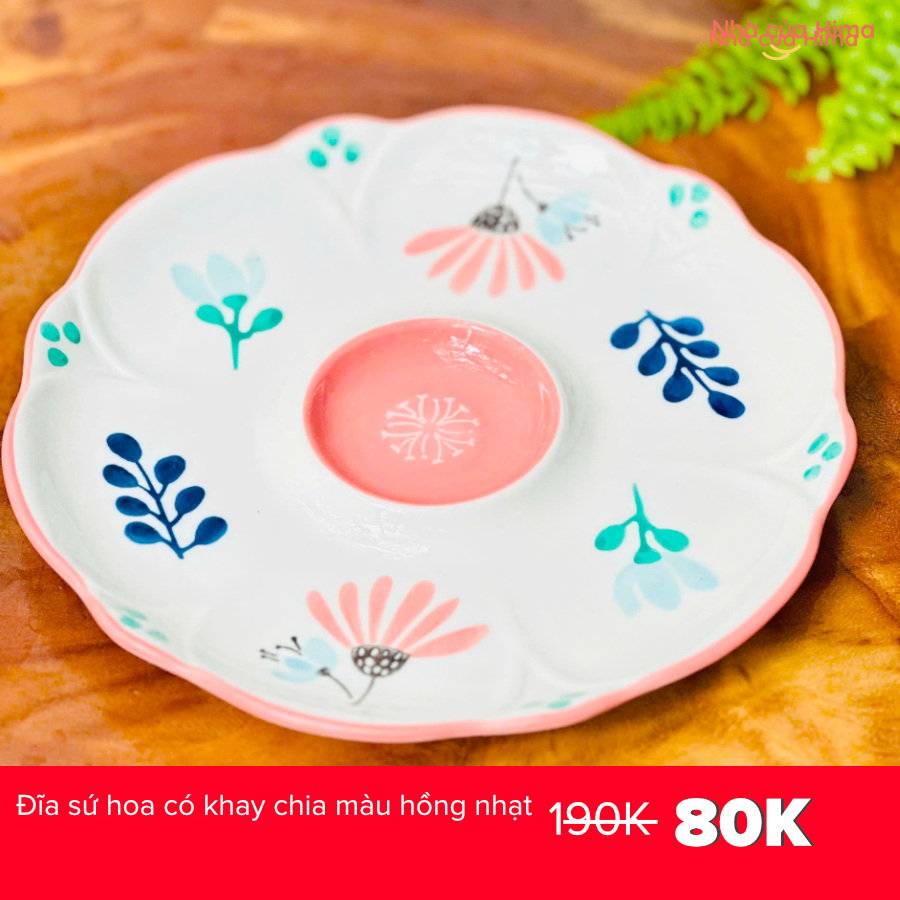 Đĩa sứ hoa có khay chia màu hồng nhạt