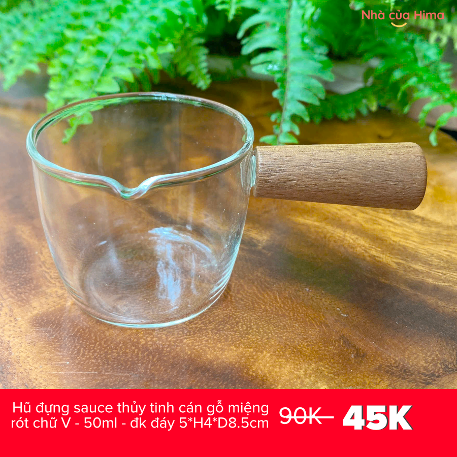 Hũ đựng sauce thủy tinh cán gỗ miệng rót chữ V
