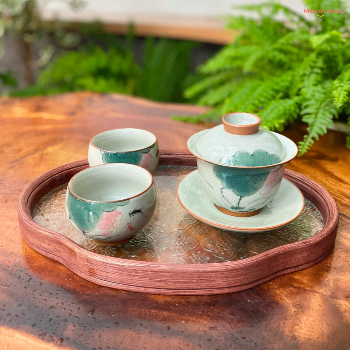 Bộ ấm trà liên hoa men rạn (1 chén khải kèm đĩa + 2chén+khay kính)