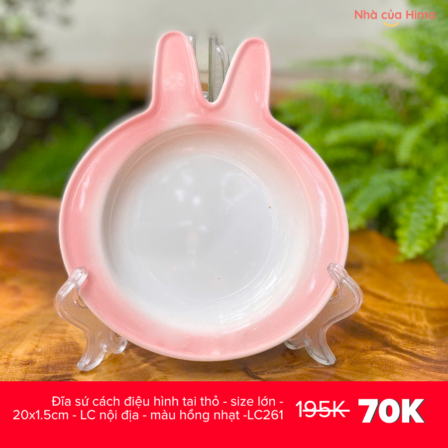 Đĩa sứ cách điệu hình tai thỏ - size lớn - 20x1.5cm - LC nội địa - màu hồng nhạt -LC261