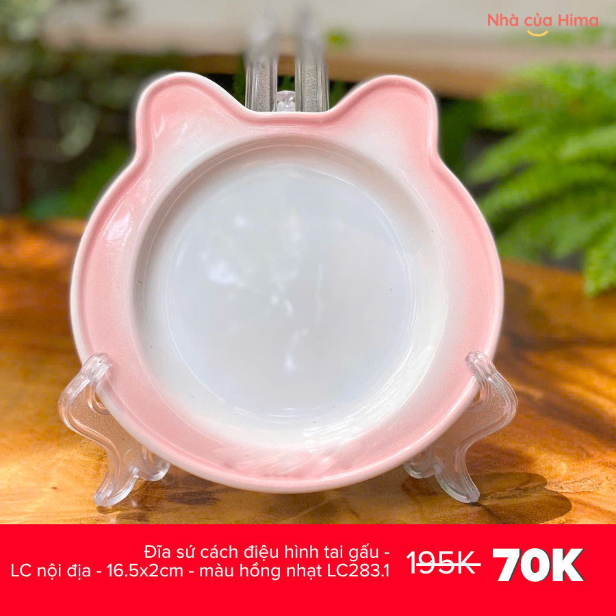 Đĩa sứ cách điệu hình tai gấu - LC nội địa - 16.5x2cm - màu hồng nhạt LC283.1