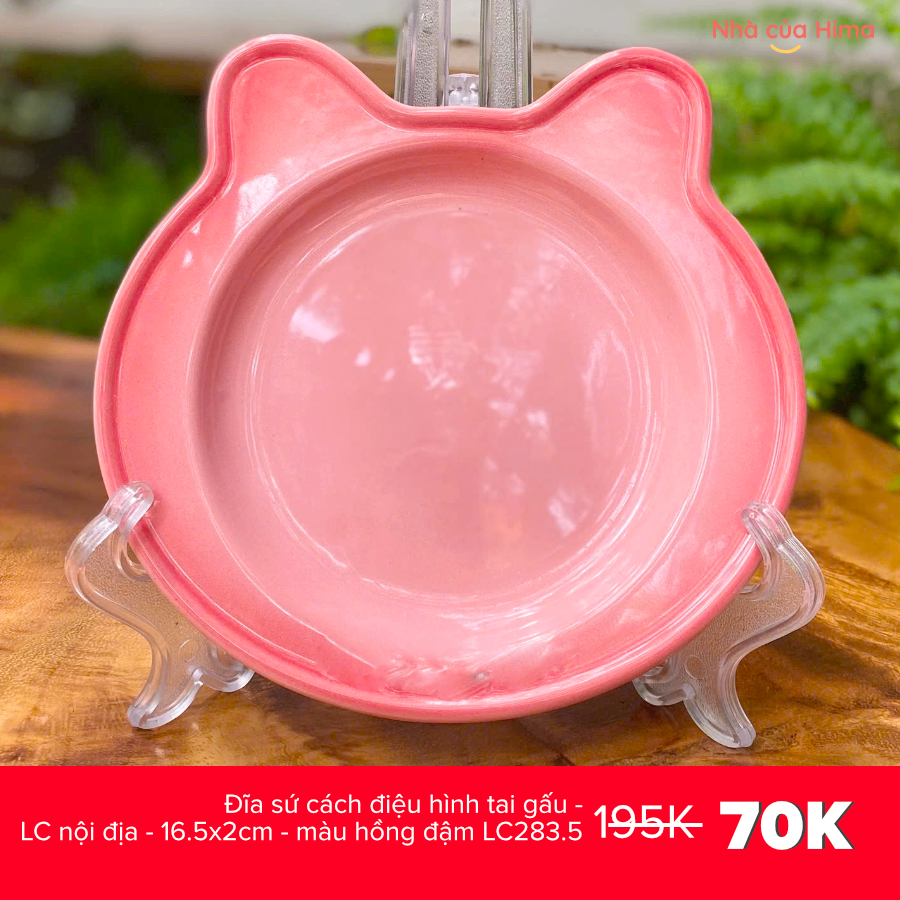 Đĩa sứ cách điệu hình tai gấu - LC nội địa - 16.5x2cm - màu hồng đậm LC283.5