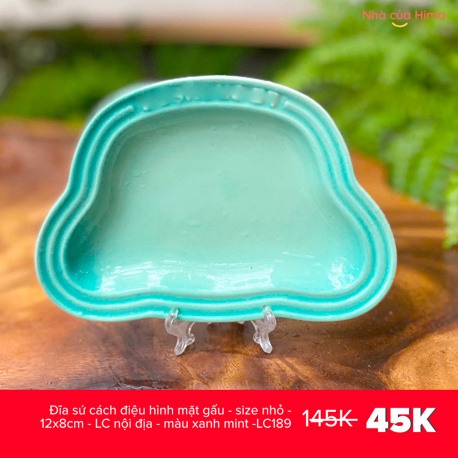 Đĩa sứ cách điệu hình mặt gấu - size nhỏ - 12x8cm - LC nội địa - màu xanh mint -LC189