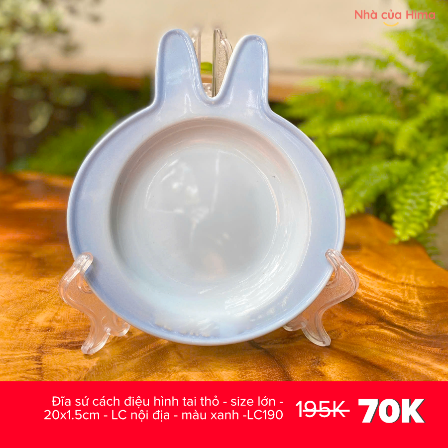 Đĩa sứ cách điệu hình tai thỏ - size lớn - 20x1.5cm - LC nội địa - màu xanh -LC190