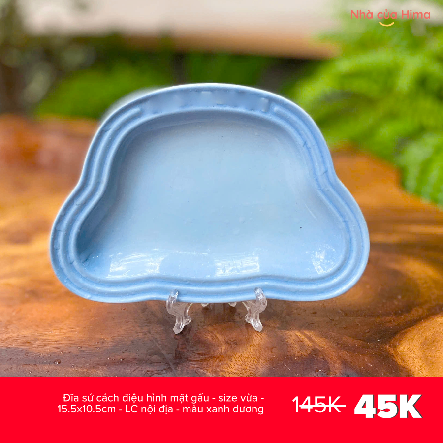 Đĩa sứ cách điệu hình mặt gấu - size nhỏ - 12x8cm - LC nội địa - màu xanh dương -LC188.1