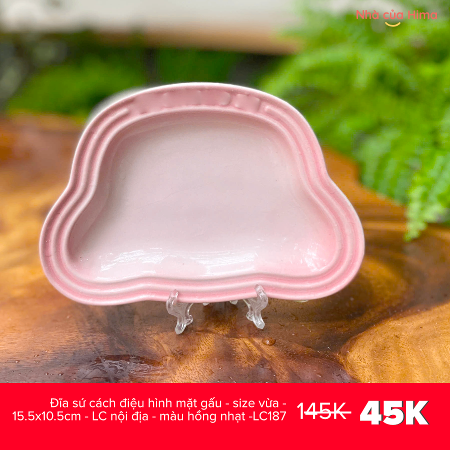 Đĩa sứ cách điệu hình mặt gấu - size vừa - 15.5x10.5cm - LC nội địa - màu hồng nhạt -LC187