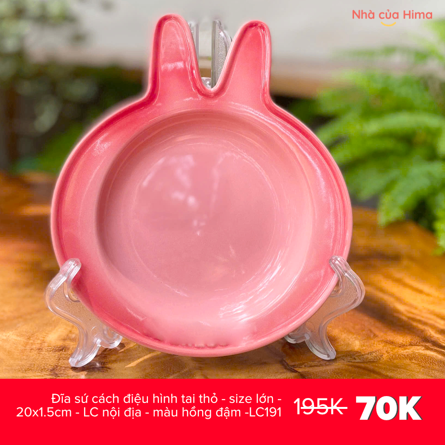 Đĩa sứ cách điệu hình tai thỏ - size lớn - 20x1.5cm - LC nội địa - màu hồng đậm -LC191