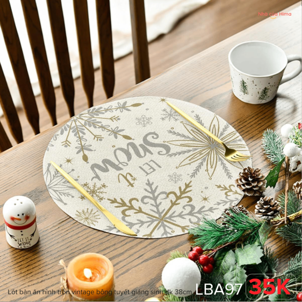 Lót bàn ăn hình tròn vintage bông tuyết giáng sinh đk 38cm LBA97