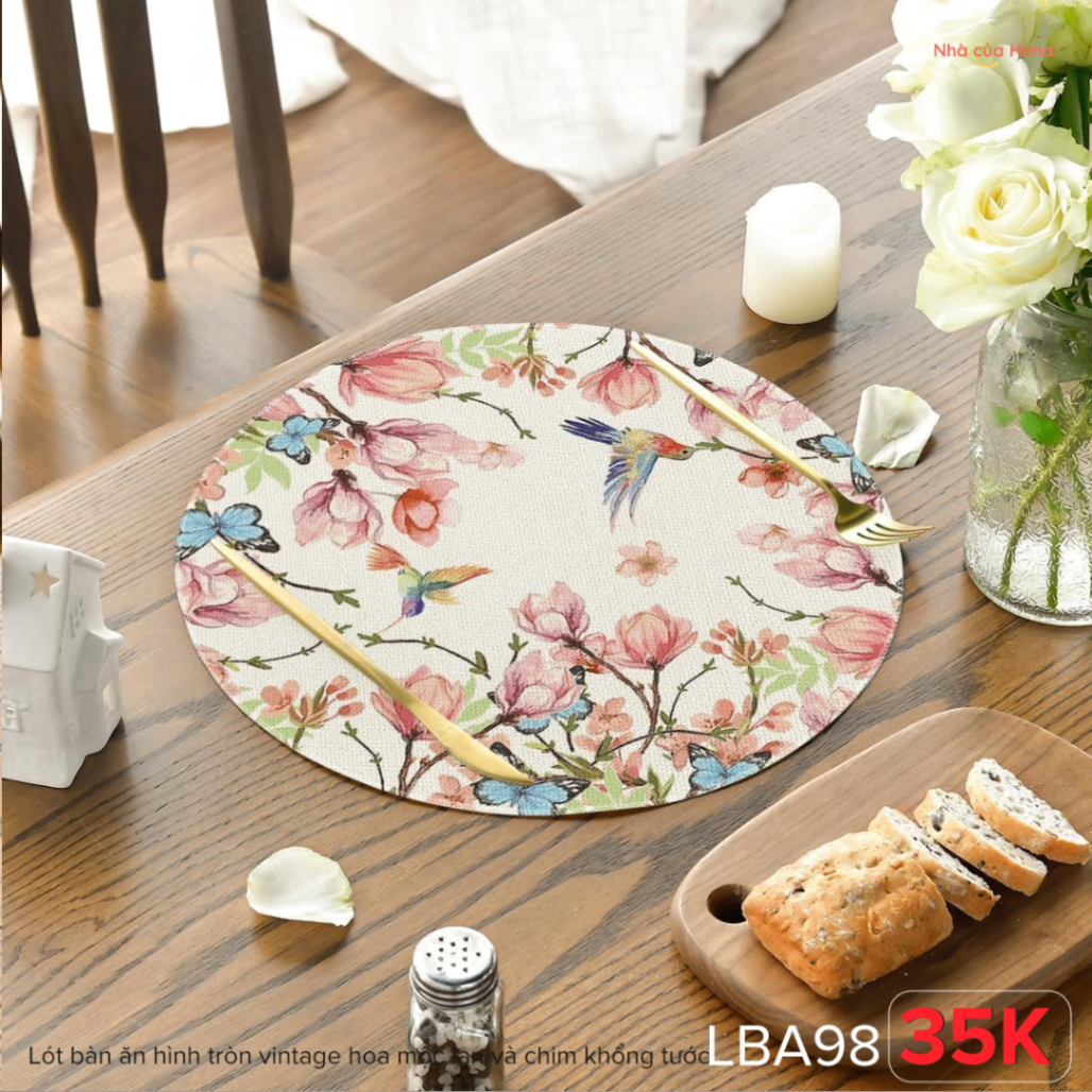 Lót bàn ăn hình tròn vintage hoa mộc lan và chim khổng tước 38cm LBA98