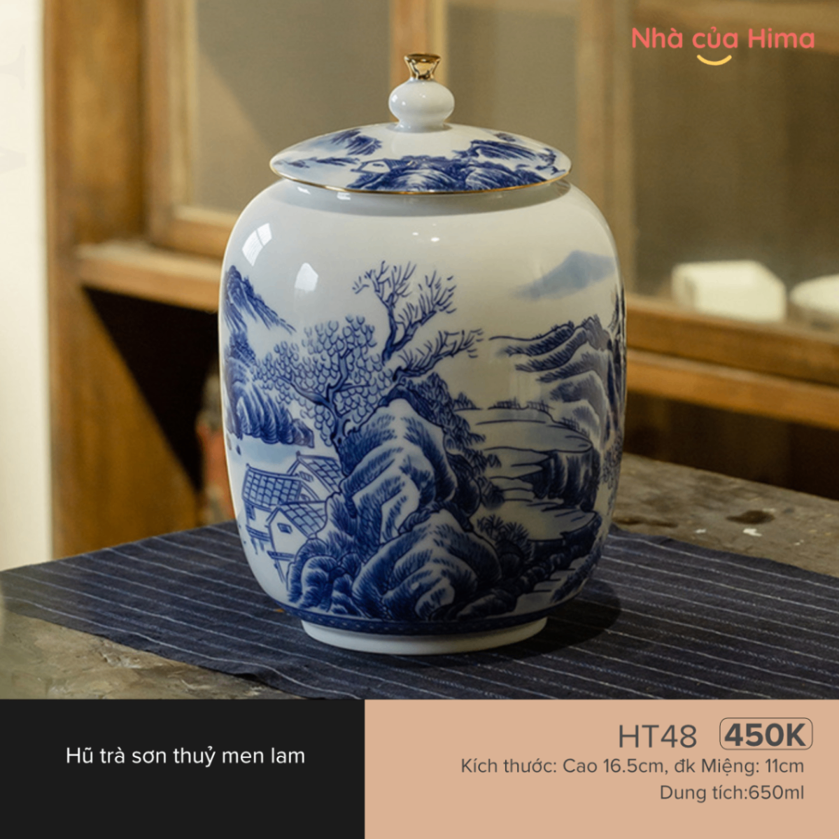Hũ trà sơn thuỷ men lam HT48