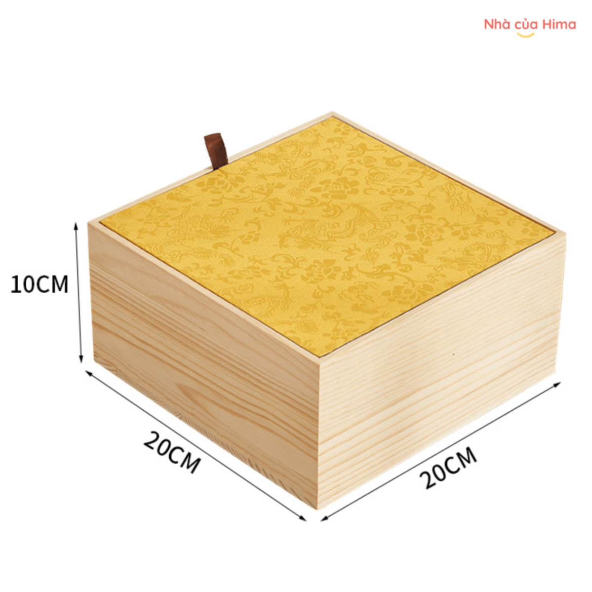 Hộp quà tặng gỗ bọc vải vàng 1 mặt hình vuông 20*20*10cm