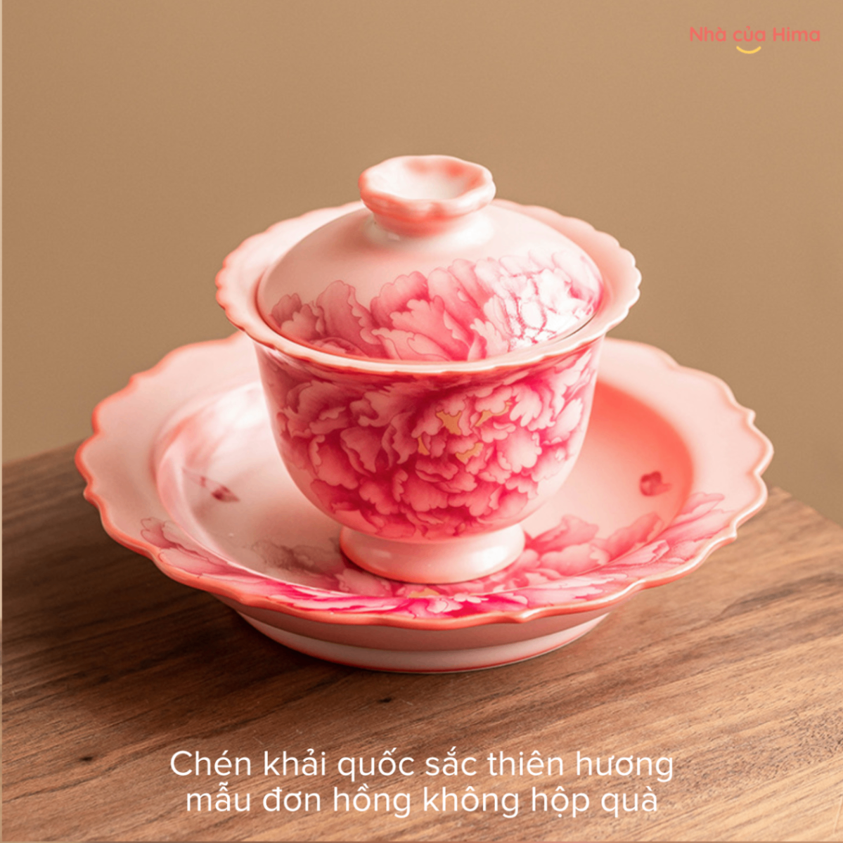 Chén khải hoa mẫu đơn hồng (150ml, đk đĩa 14cm, cao 9,5cm)