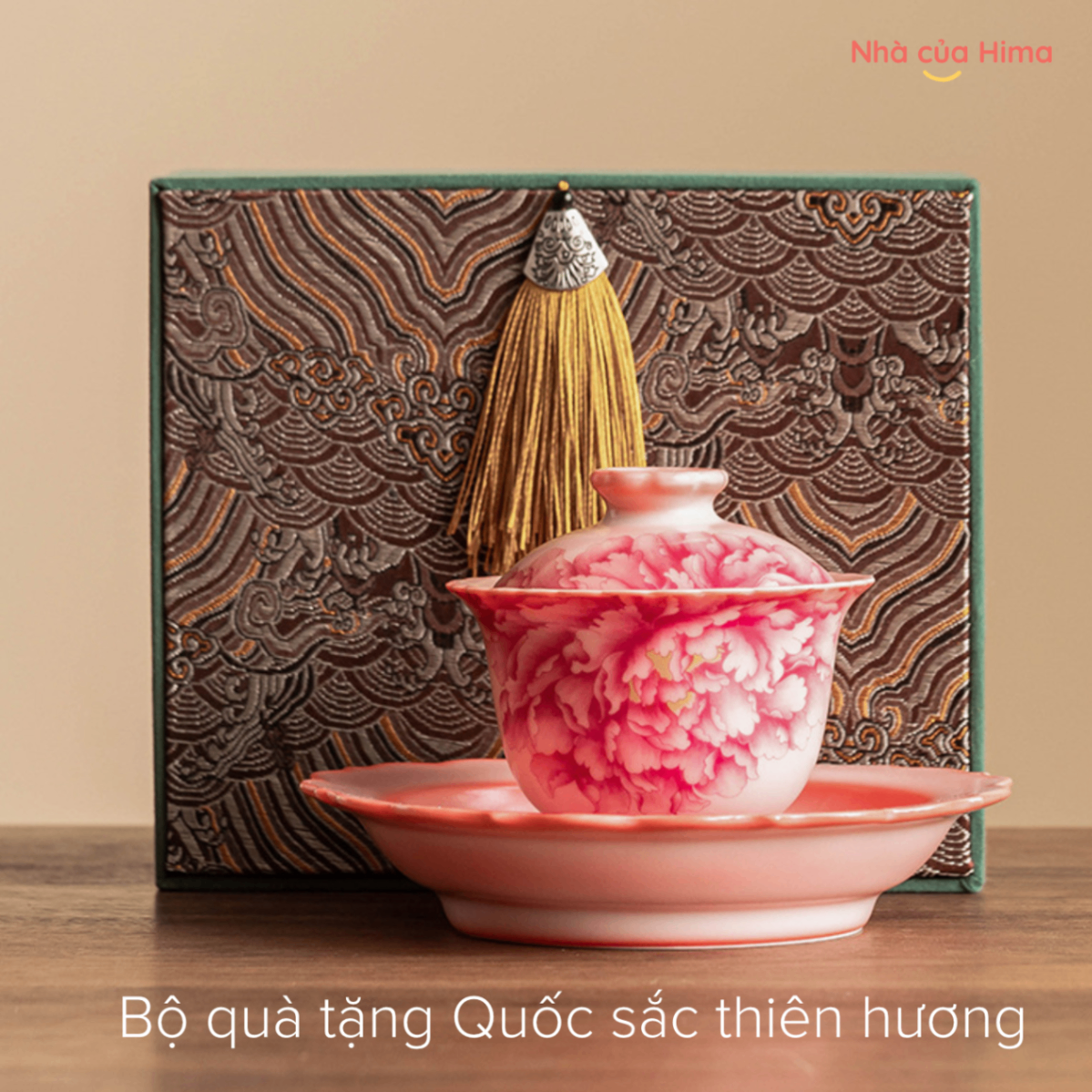 Bộ quà tặng chén khải mẫu đơn hồng quốc sắc thiên hương hộp đẹp