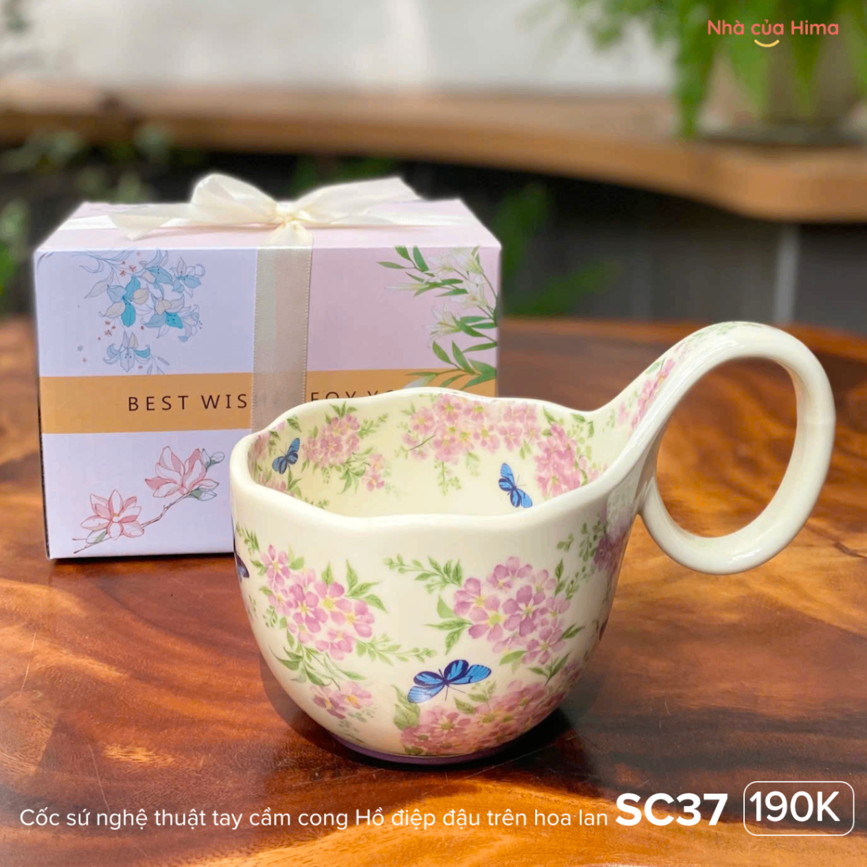 Cốc sứ nghệ thuật tay cầm cong Hồ điệp đậu trên hoa lan SC37