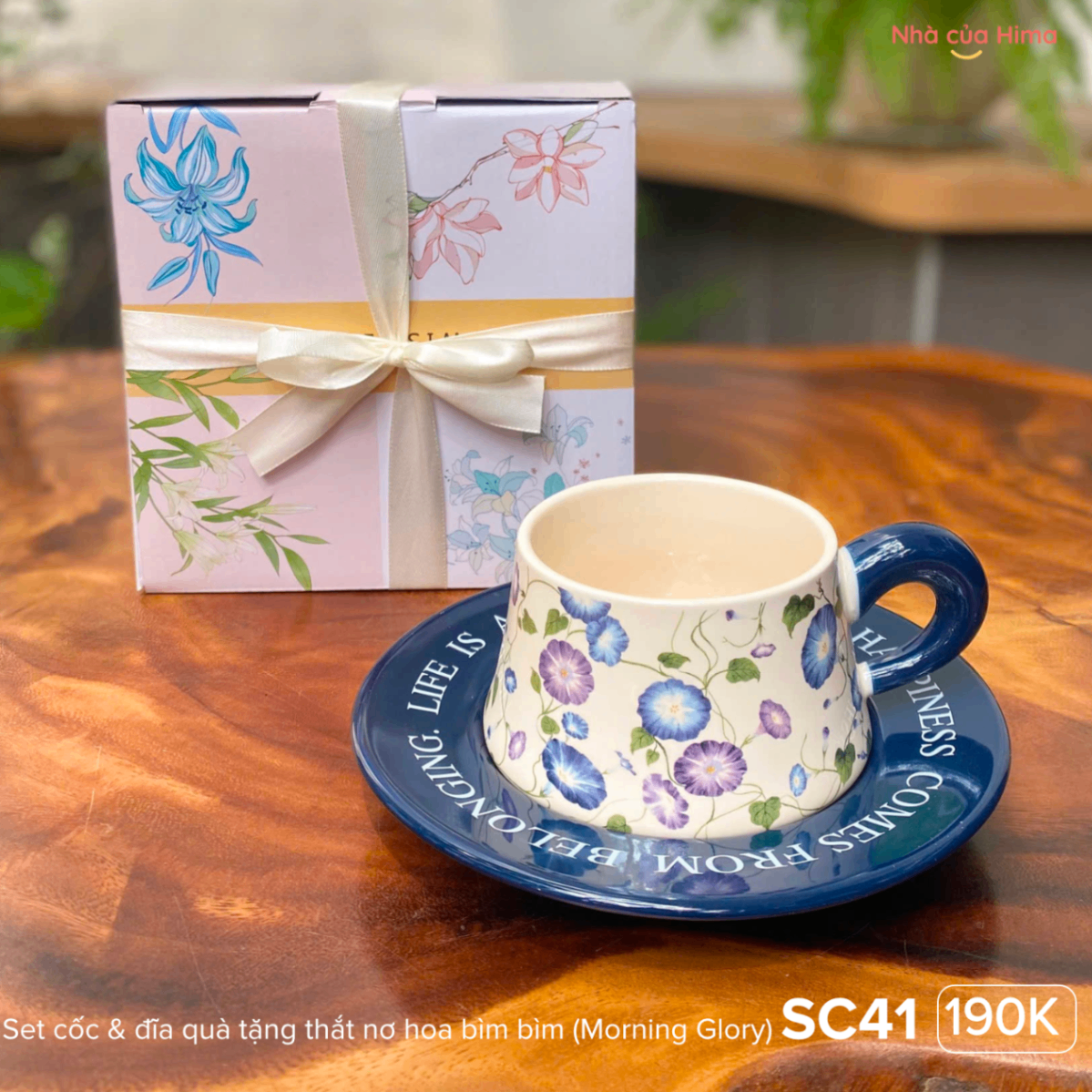 Set cốc thắt nơ hoa hoa bìm bìm (Morning Glory) màu xanh Navy SC41