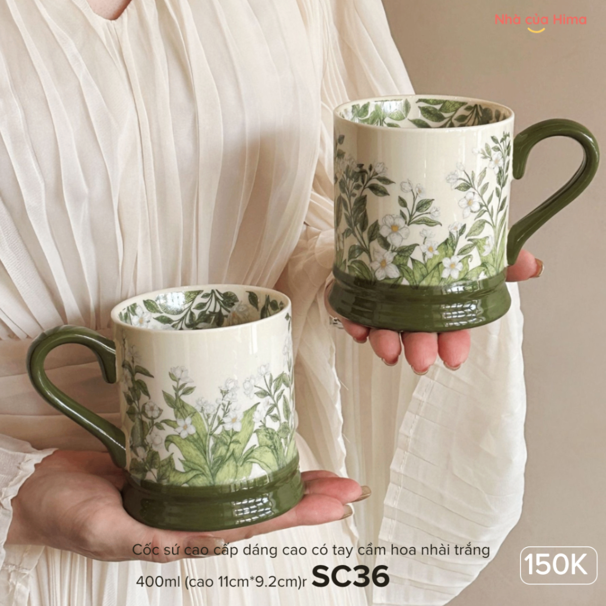 Cốc sứ cao cấp dáng cao có tay cầm hoa nhài trắng 400ml (cao 11cm*9.2cm) SC36