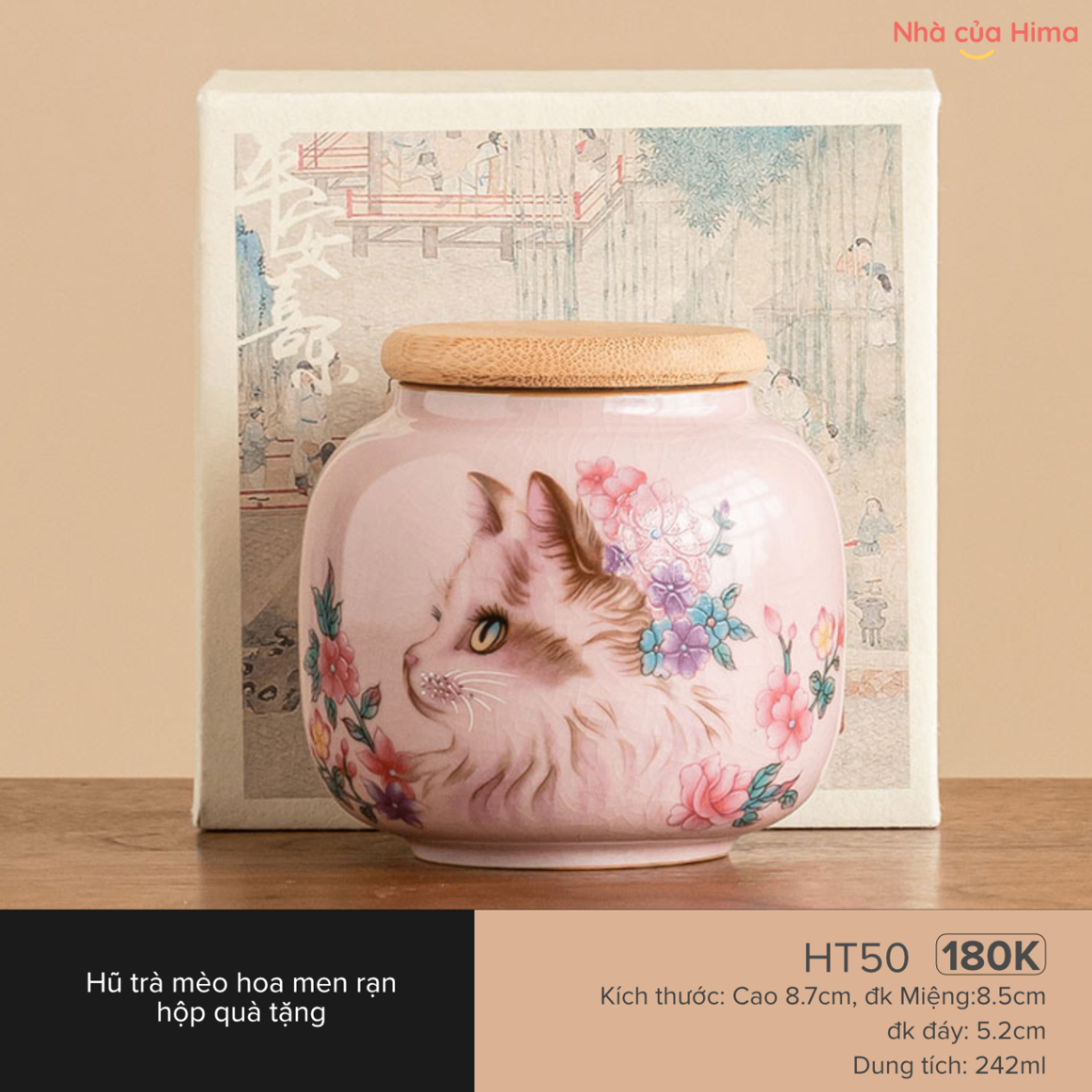 Hũ trà mèo hoa men rạn HT50