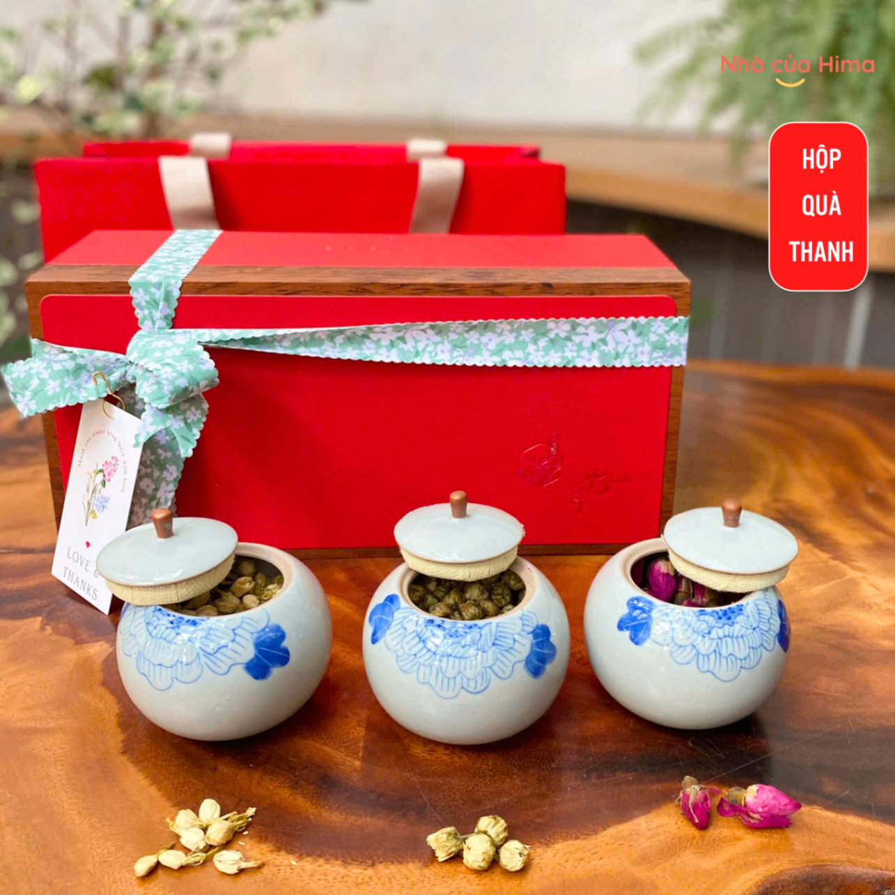 Hộp quà thanh 3 hũ gốm đựng trà hoa hộp đỏ