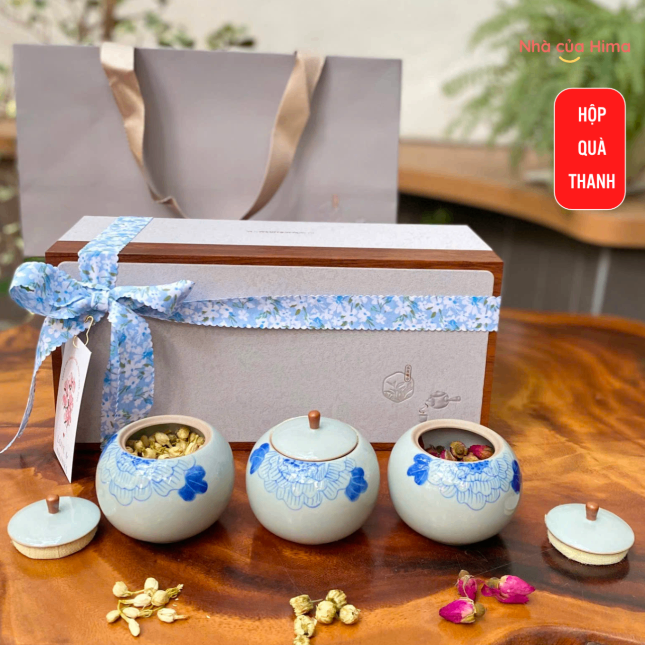 Hộp quà thanh 3 hũ gốm đựng trà hoa hộp trắng