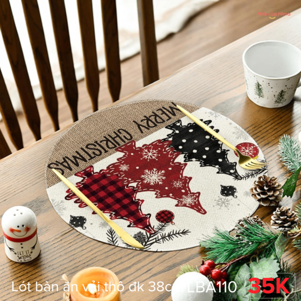 Lót bàn ăn cây thông merry christmas đỏ đen vải thô đk 38cm LBA110