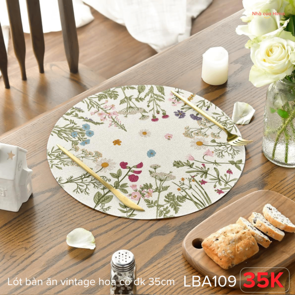Lót bàn ăn hình tròn vintage hoa cỏ đk 35cm LBA109