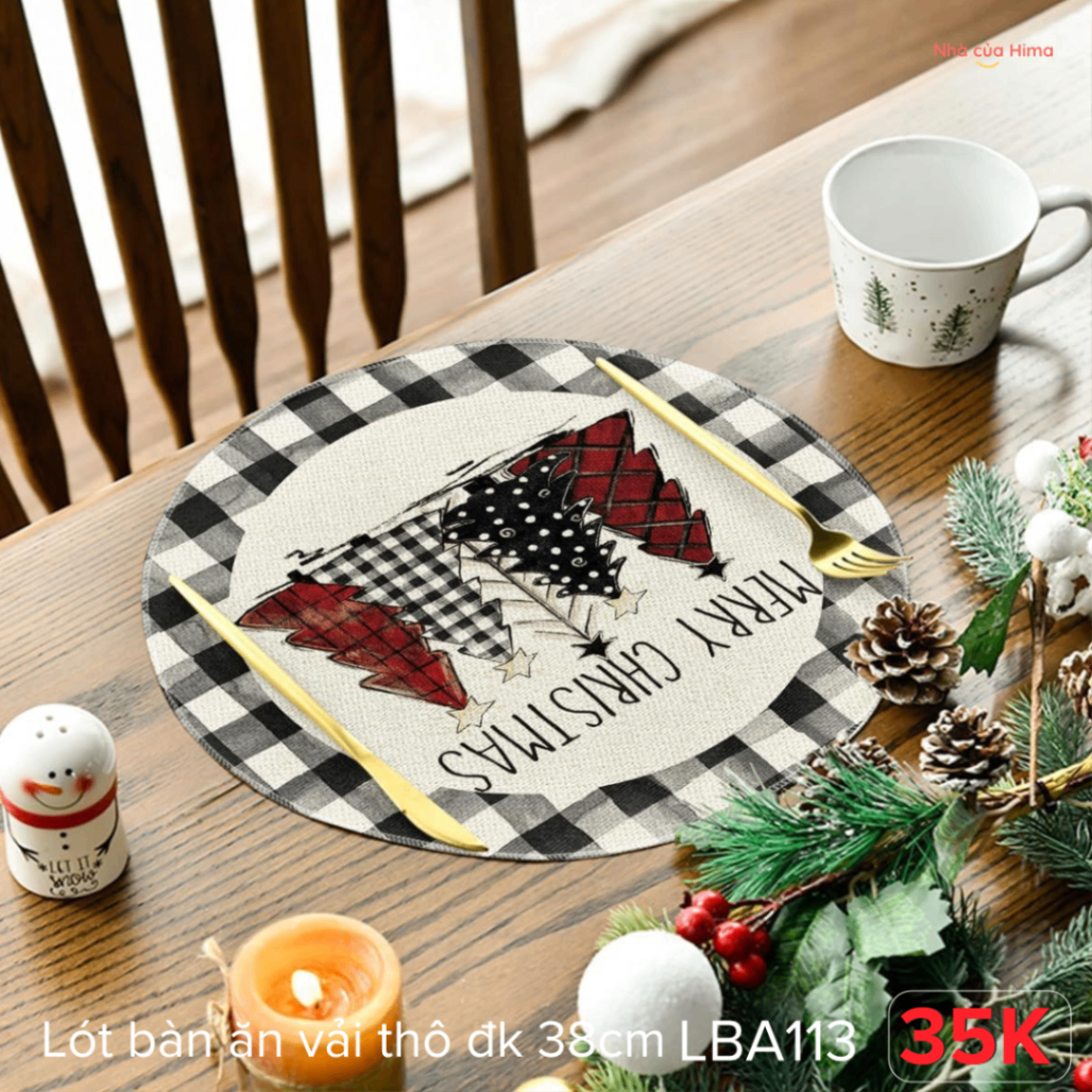 Lót bàn ăn cây thông merry christmas vải thô đk 38cm LBA113