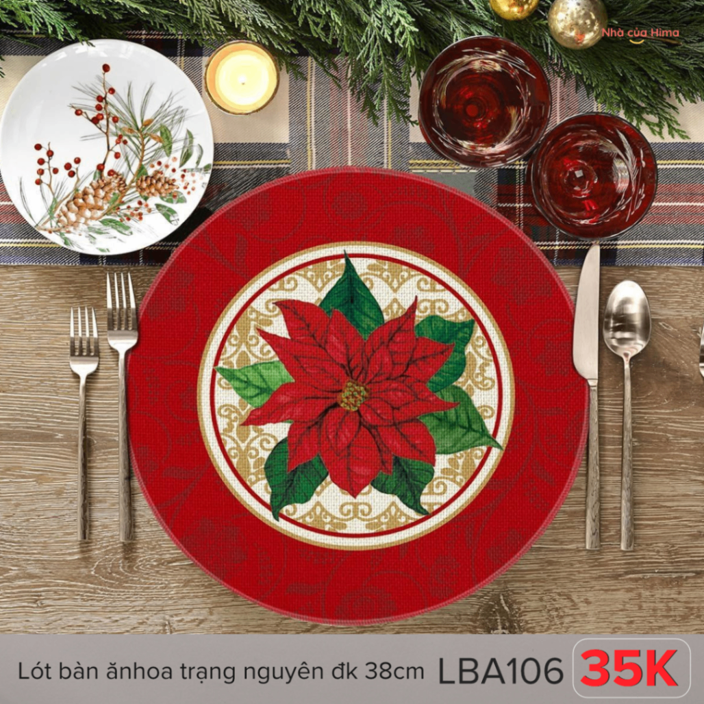 Lót bàn ăn hình hoa trạng nguyên đỏ vải thô đk 38cm LBA106