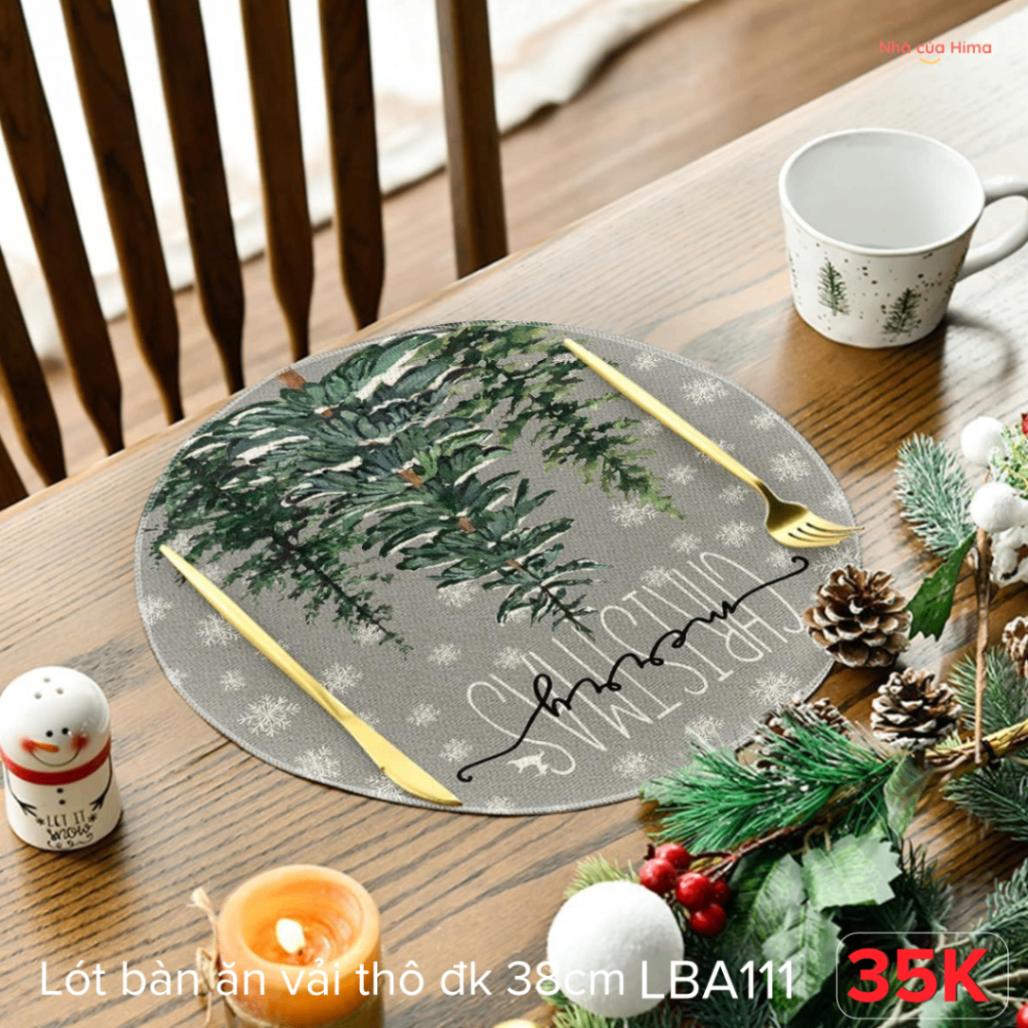 Lót bàn ăn cây thông merry christmas xanh vải thô đk 38cm LBA111