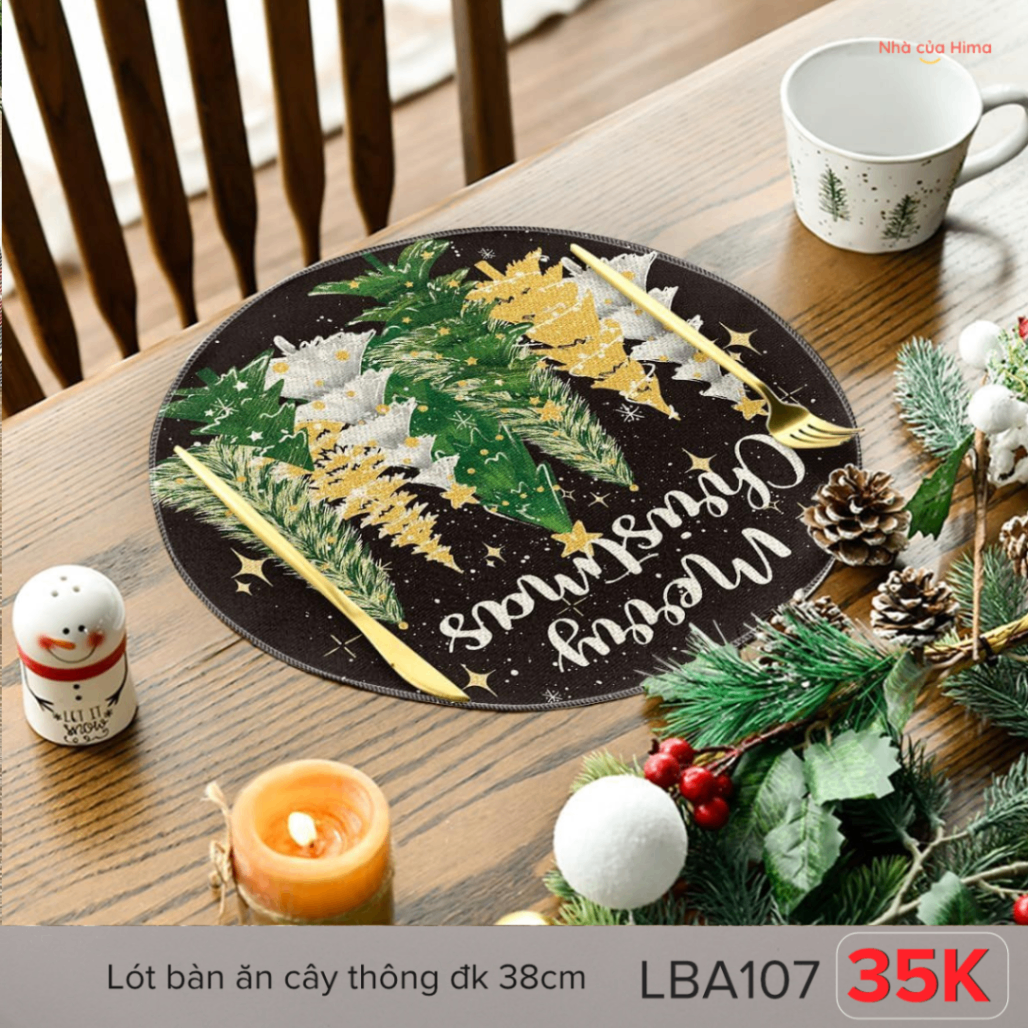 Lót bàn ăn cây thông merry christmas vải thô đk 38cm LBA107