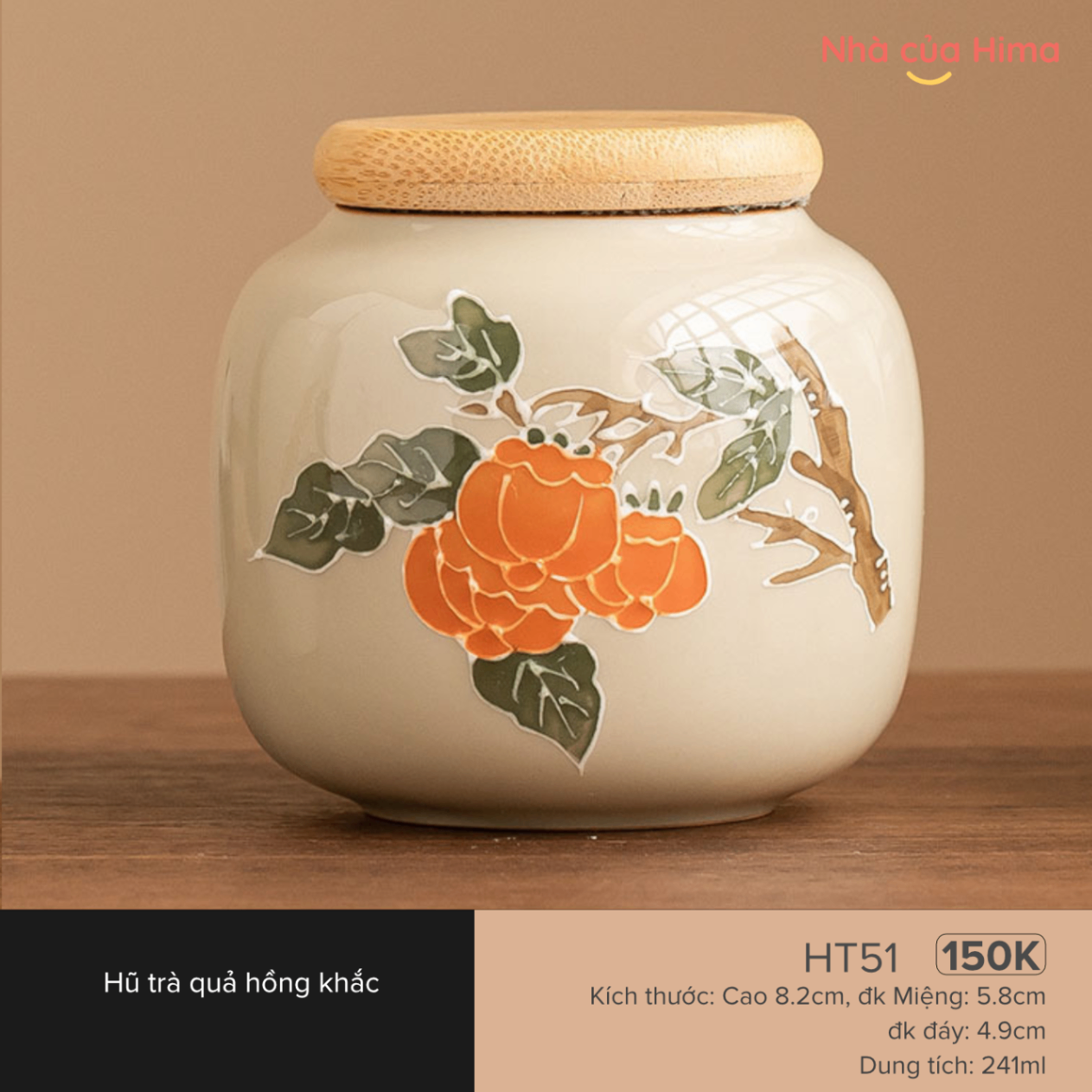 Hũ trà quả hồng khắc nắp gỗ HT51