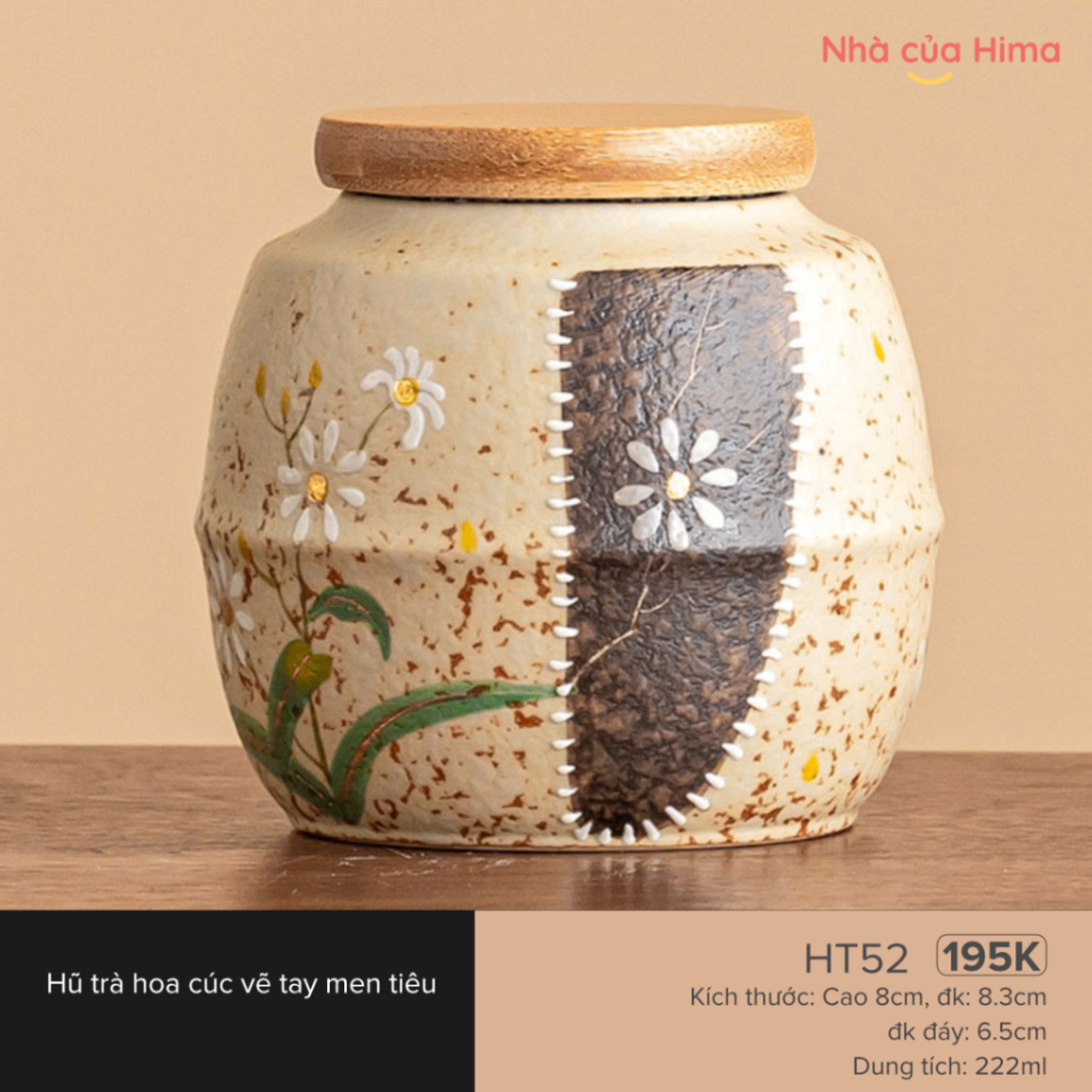 Hũ trà hoa cúc vẽ tay men tiêu HT52