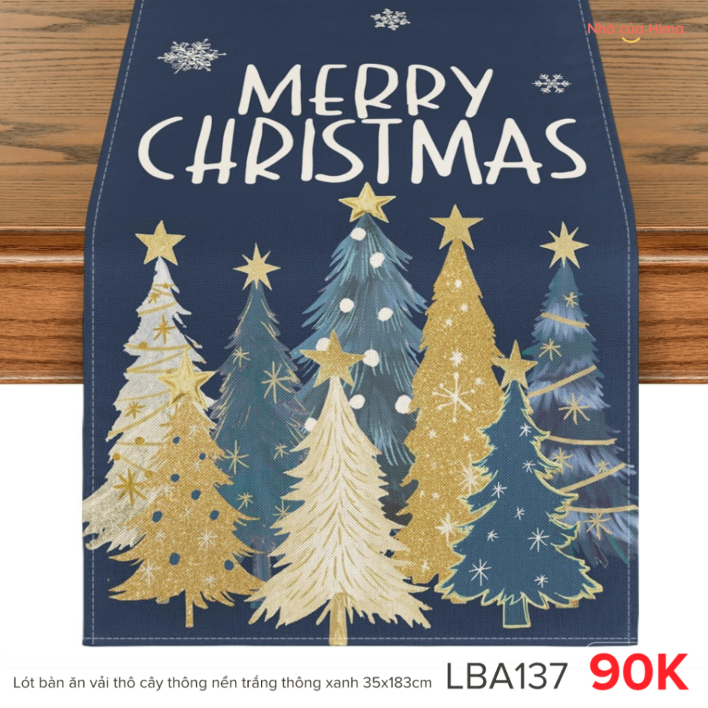 Lót bàn ăn vải thô cây thông nền xanh navy 35x183cm LBA137
