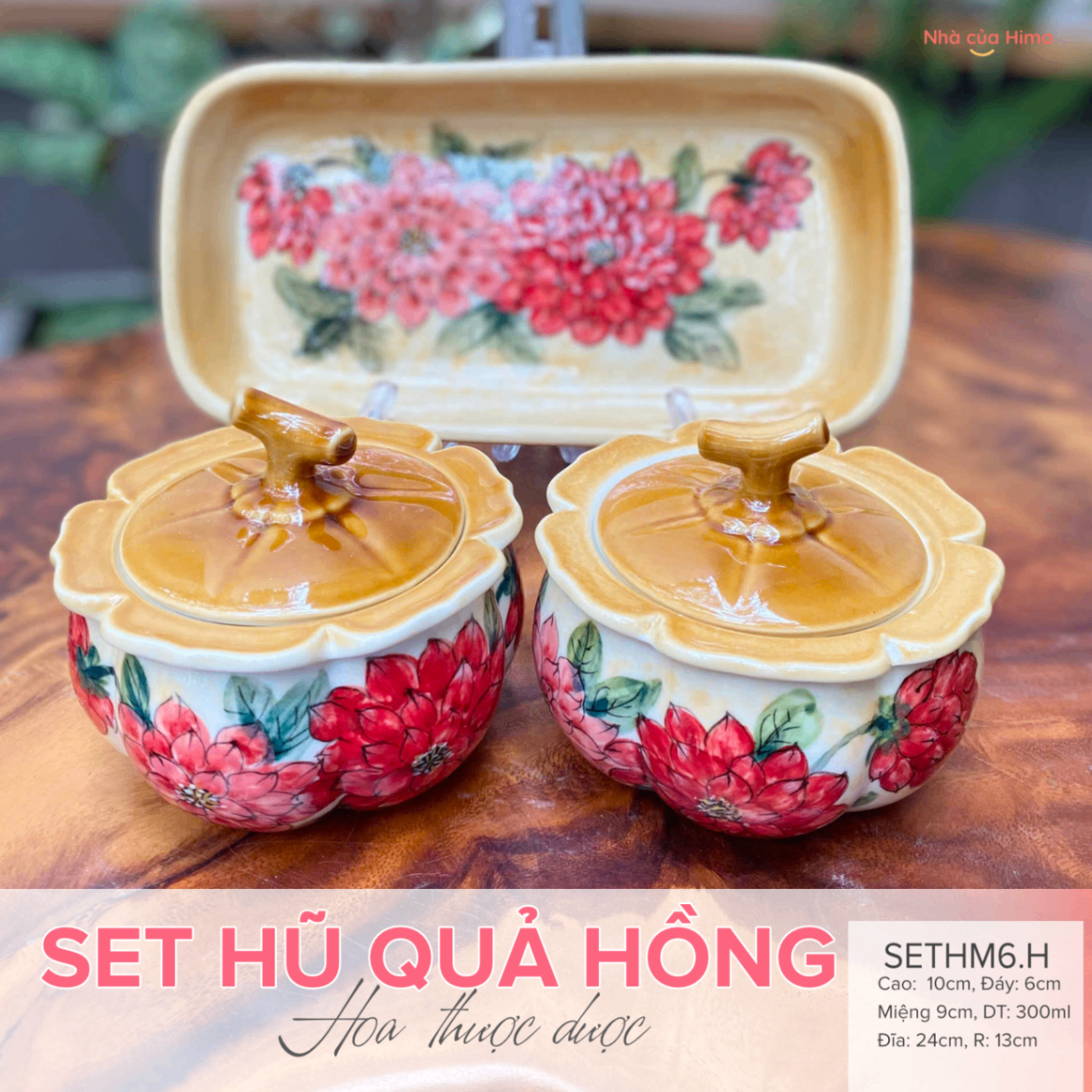 Set 2 hũ mứt 300ml quả hồng + 1 khay mứt hoa thược dược vẽ tay (kèm hộp quà tặng)