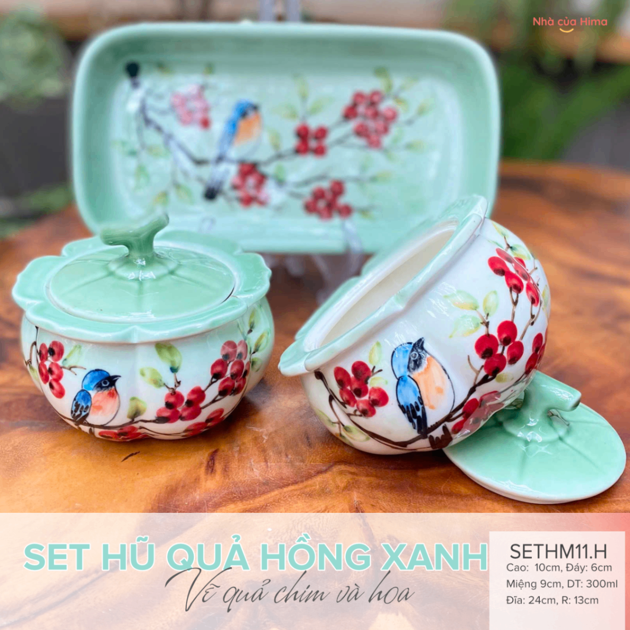 Set 2 hũ mứt 300ml quả hồng men xanh hoa và chim (kèm hộp quà tặng)