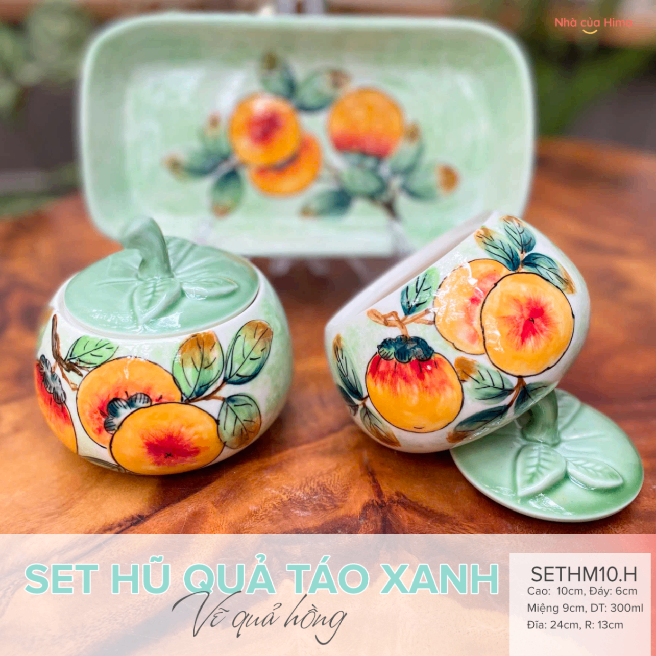 Set 2 hũ mứt 300ml quả táo men xanh vẽ quả hồng vàng (kèm hộp quà tặng)