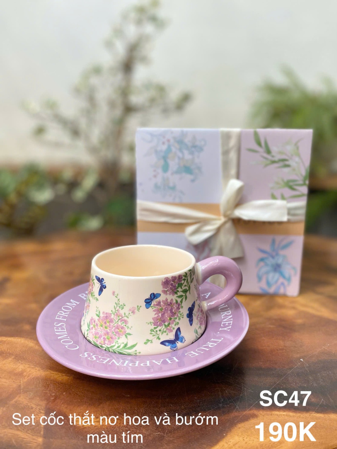 Set cốc thắt nơ hoa và bướm màu tím lavender SC47