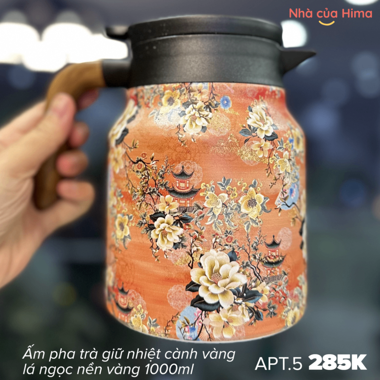 Ấm pha trà giữ nhiệt inox316 hoa 3D cành vàng lá ngọc nền vàng 1000ml APT.5