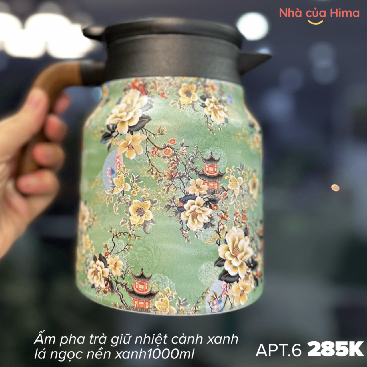 Ấm pha trà giữ nhiệt inox316 hoa 3D cành vàng lá ngọc nền xanh 1000ml APT.6