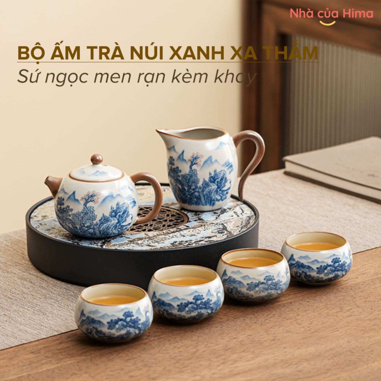 Bộ ấm trà Núi Xanh Xa Thẳm sứ ngọc men rạn kèm khay (4 chén)