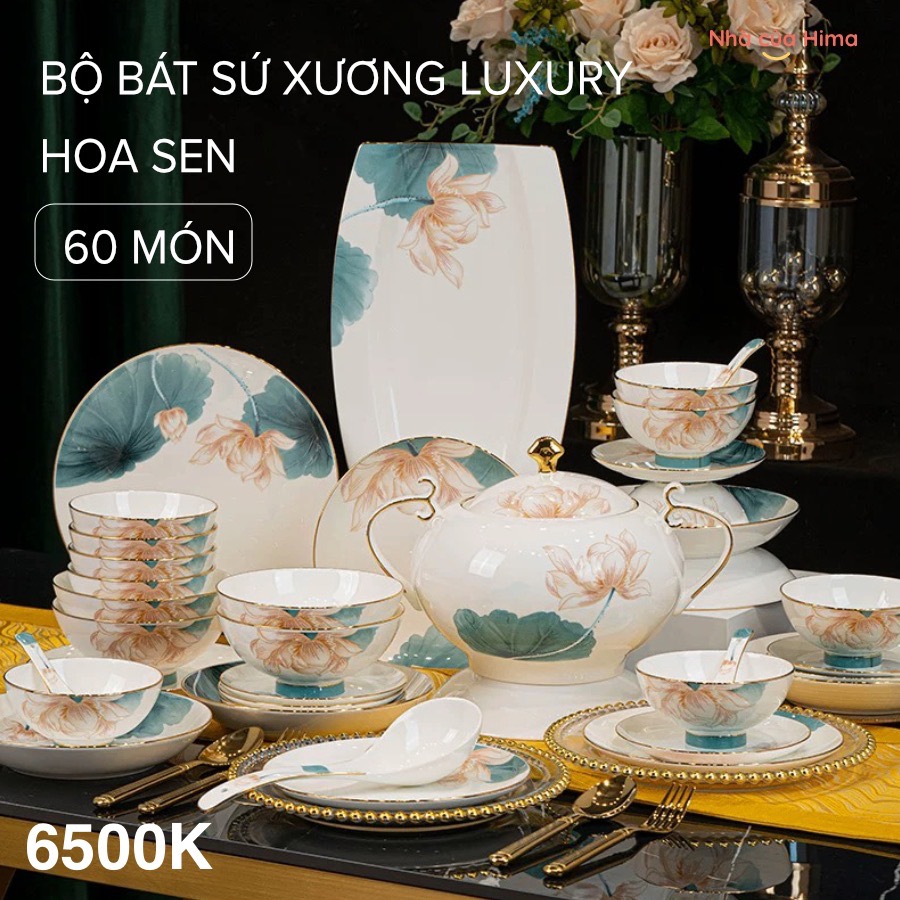 Bộ bát 60 món bát sứ xương hoa sen