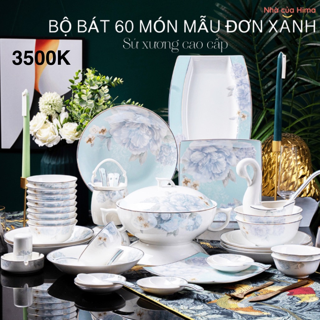 Bộ bát sứ xương cao cấp 60 món hoa mẫu đơn xanh