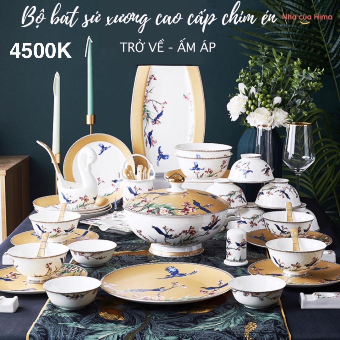 Bộ bát đĩa sứ xương 60 món phú quý mùa xuân