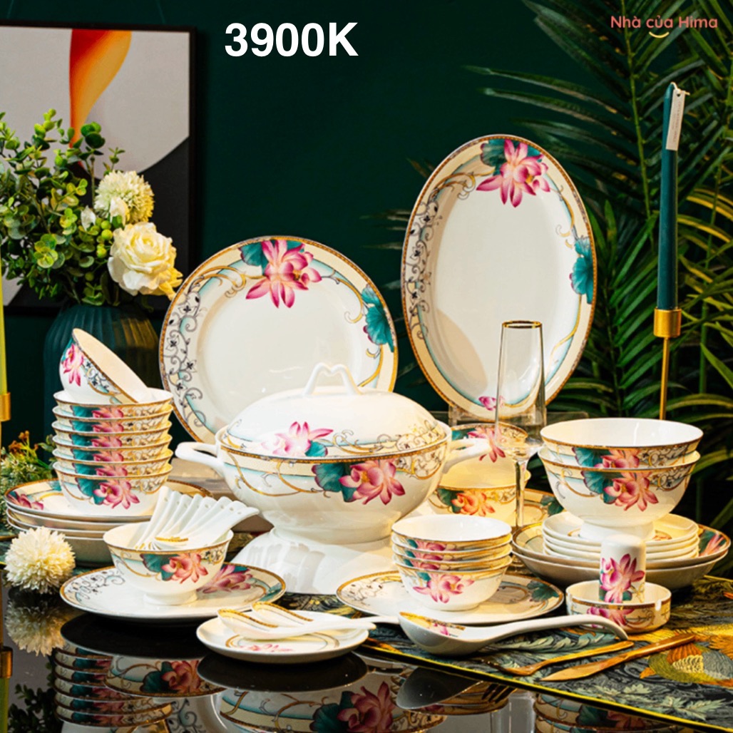 Bộ bát cao cấp sứ xương hoa sen viền vàng 58 món