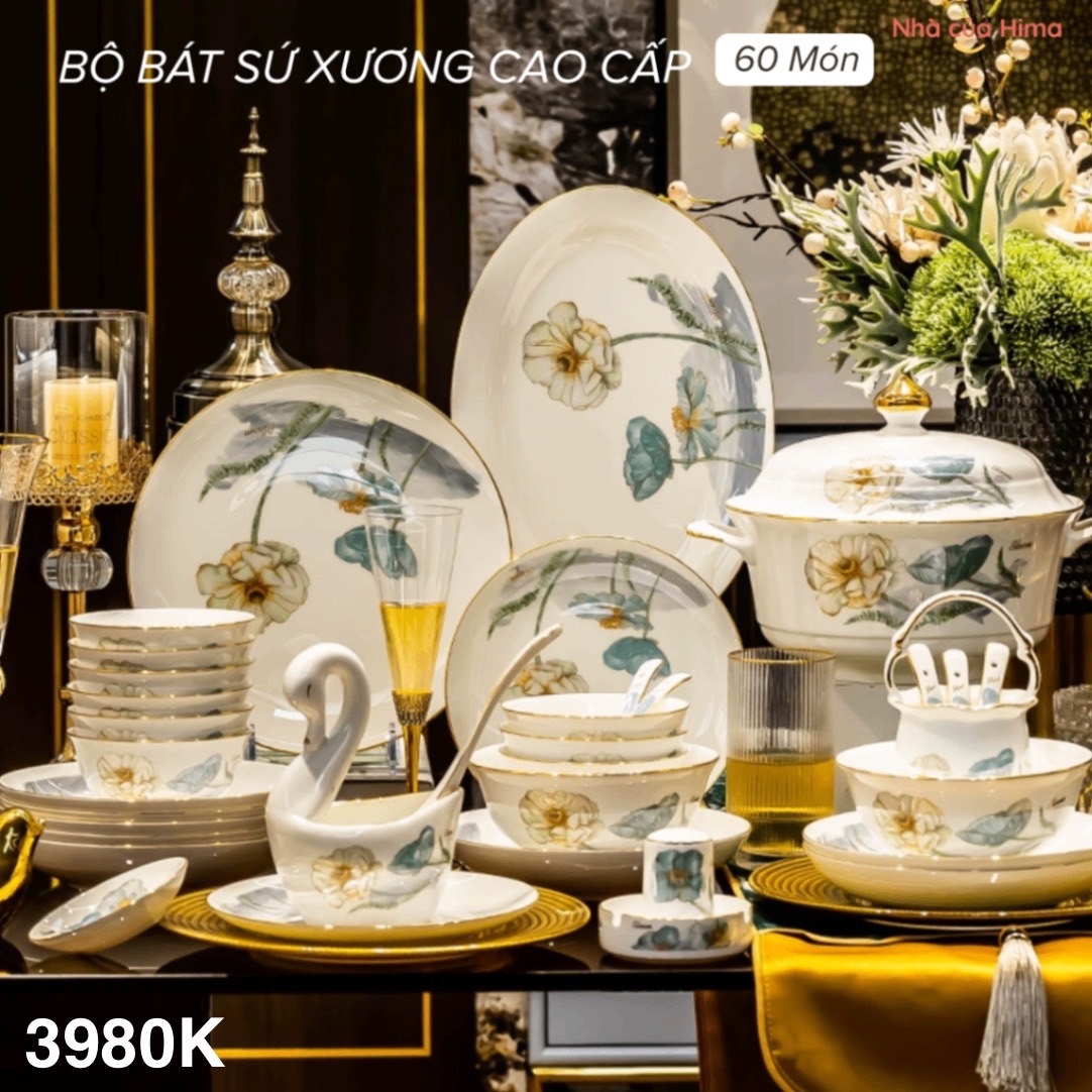 Bộ bát 60 món sứ xương cao cấp hoa poppy