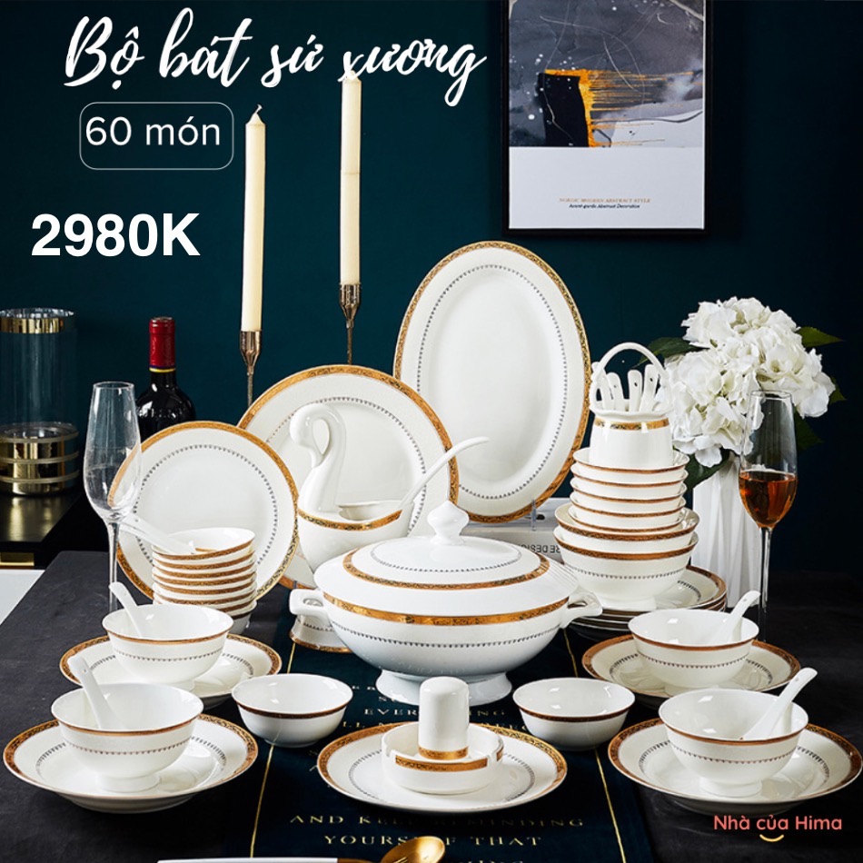 Bộ bát đĩa sứ xương 60 món trắng viền vàng